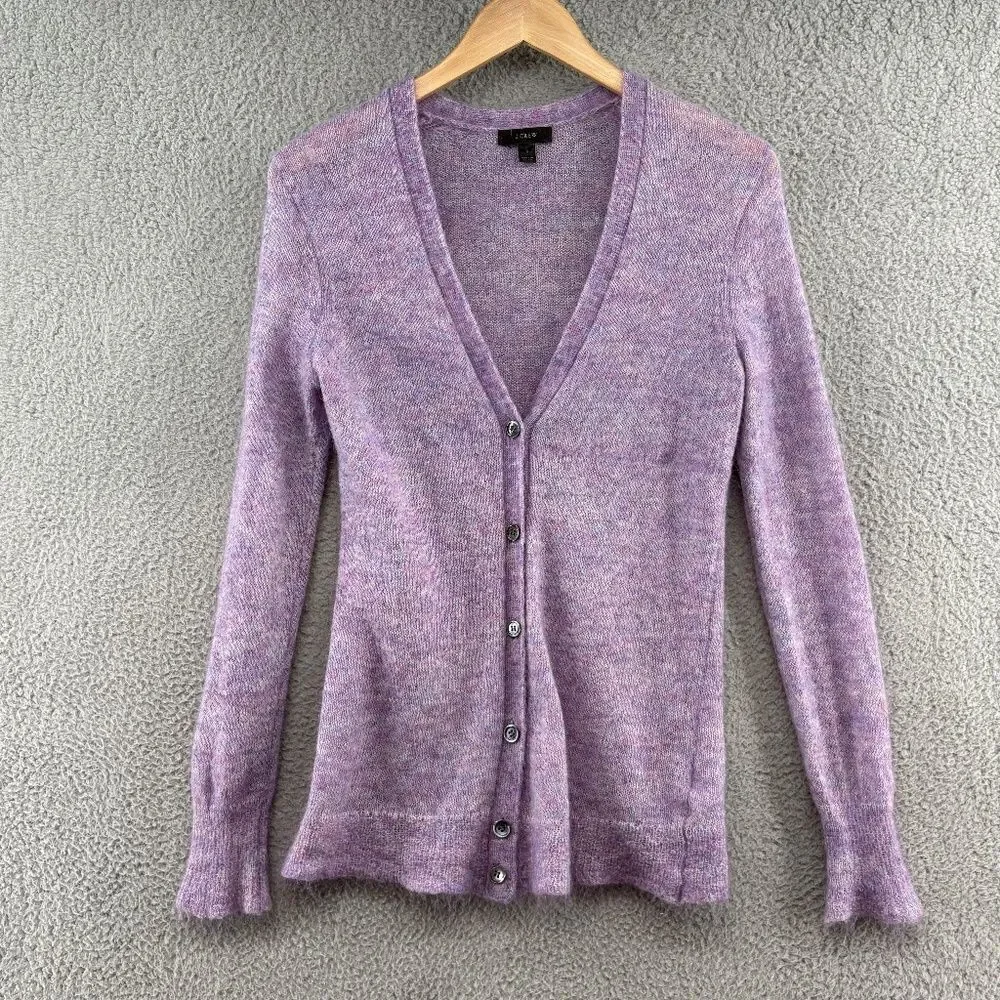 J.Crew Purple Kid Mohair Blend V-Neck Button Front Fuzzy Cardigan Sweater Small